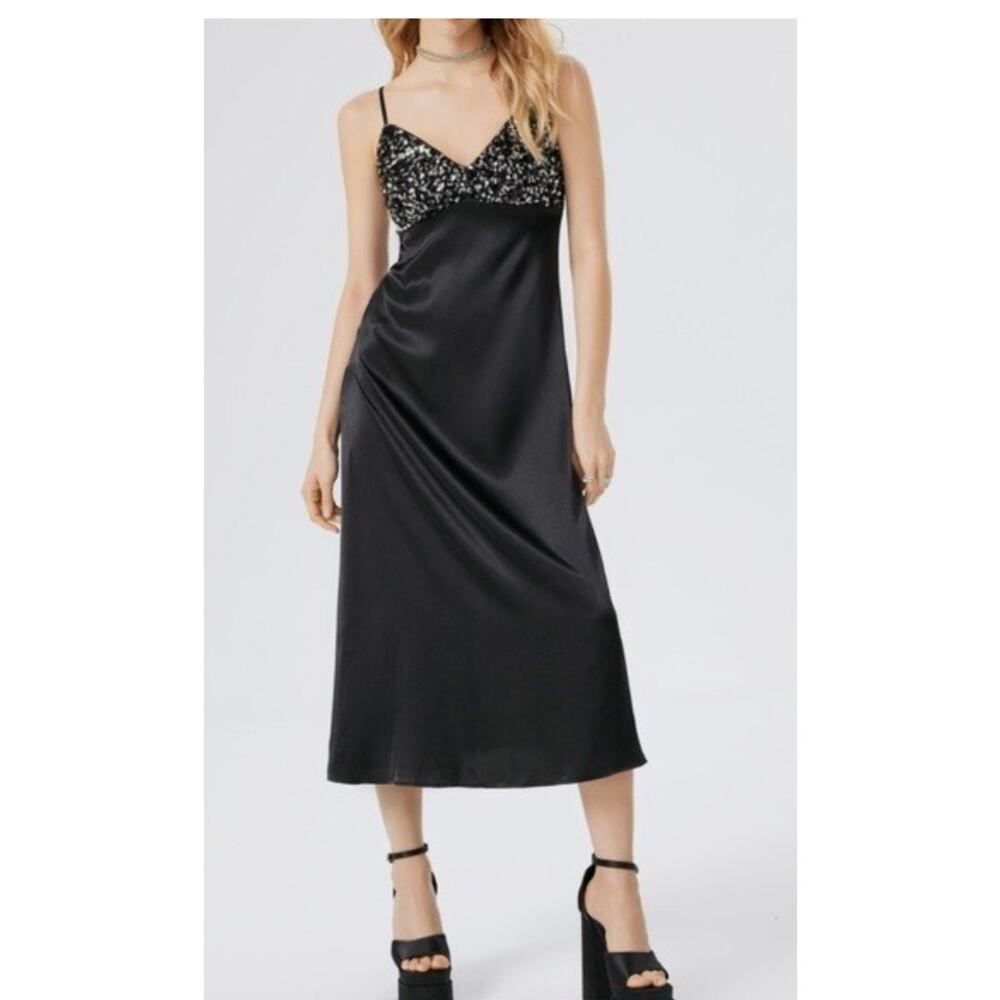 Brand New House of Harlow Sequined Black Satin Slip Dress Small Midi